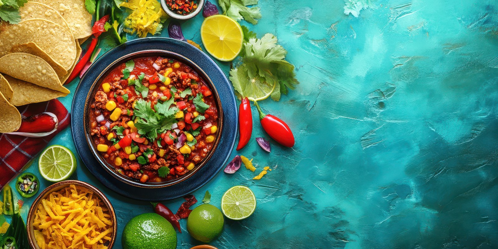 Colorful chili dish with fresh ingredients displayed on a vibrant table setting for a festive gathering